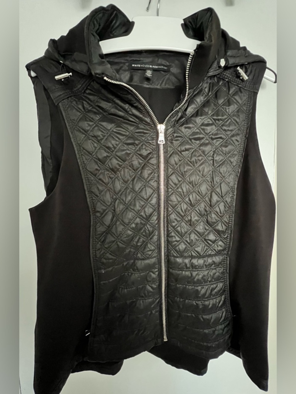White House Black Market Black Quilted Hooded Sleeveless Vest Full Zip Size L